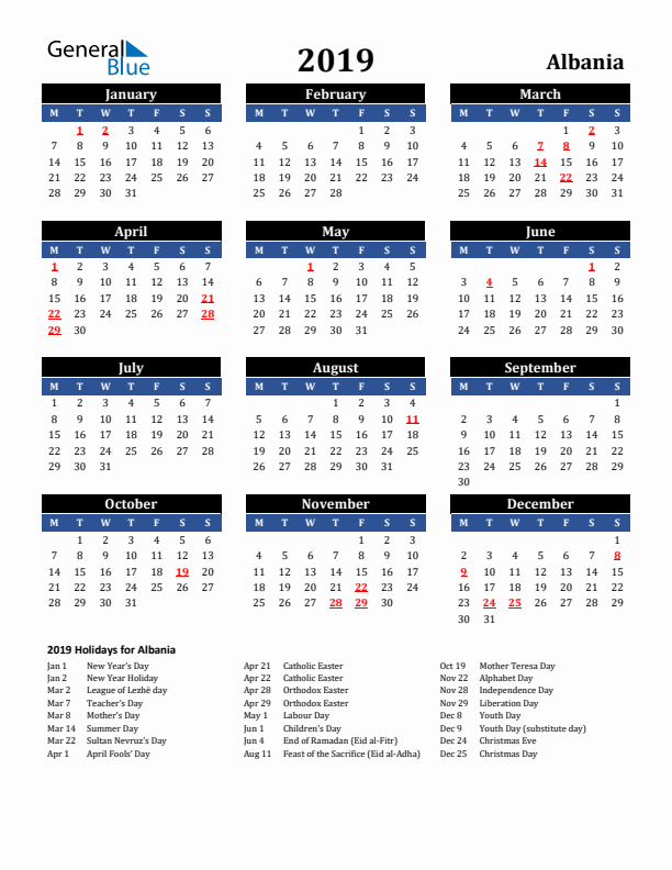 2019 Albania Holiday Calendar