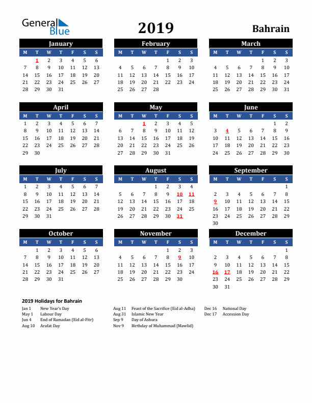 2019 Bahrain Holiday Calendar