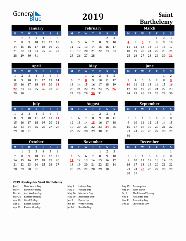 2019 Saint Barthelemy Holiday Calendar