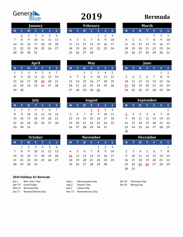 2019 Bermuda Holiday Calendar