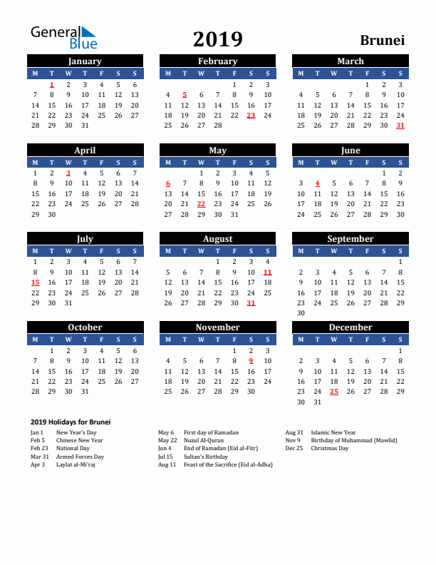 2019 Brunei Holiday Calendar