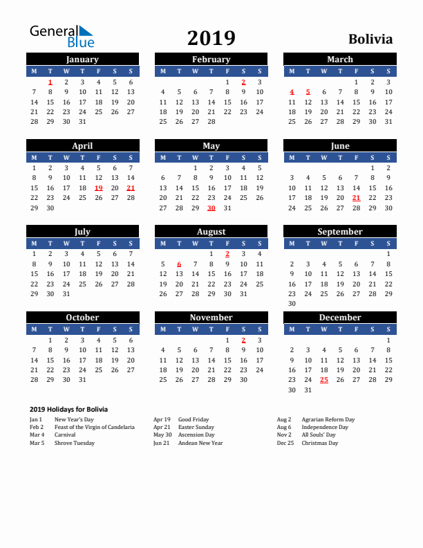 2019 Bolivia Holiday Calendar