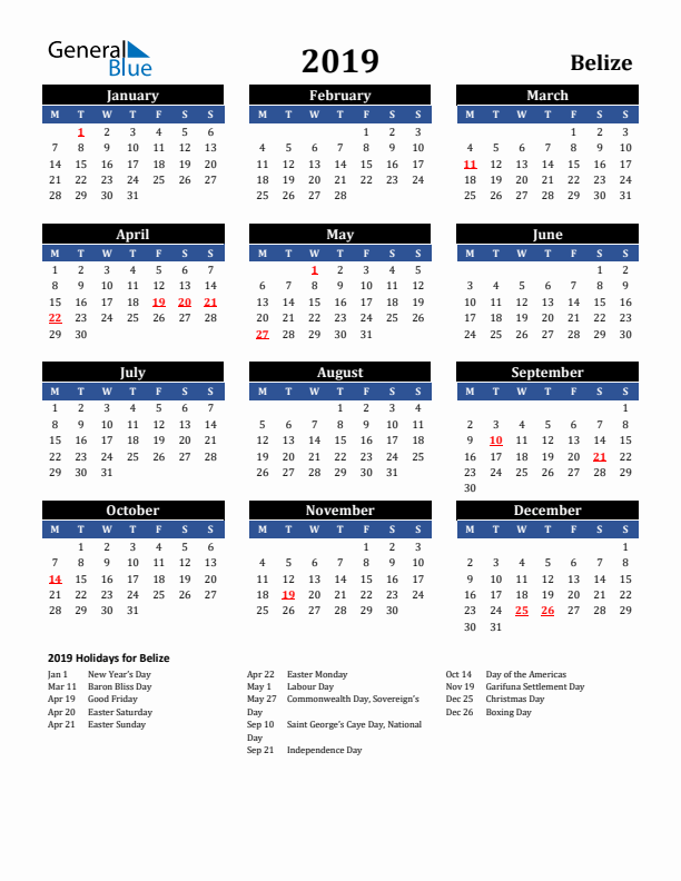 2019 Belize Holiday Calendar