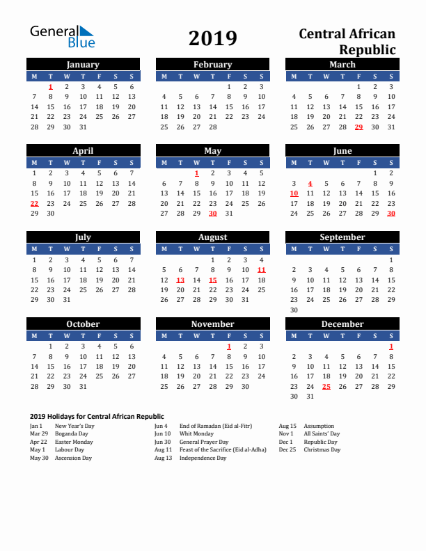 2019 Central African Republic Holiday Calendar