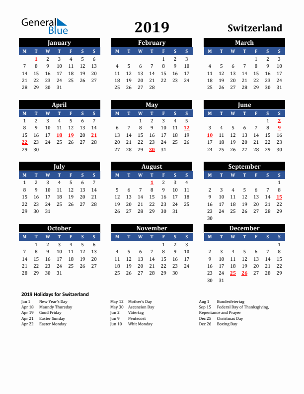 2019 Switzerland Calendar with Holidays
