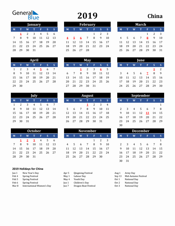 2019 China Holiday Calendar