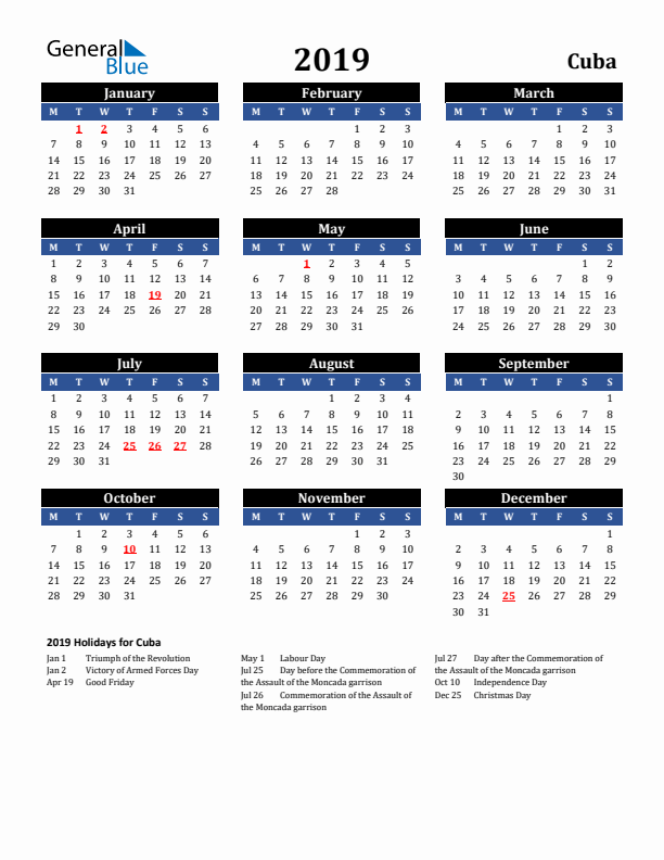 2019 Cuba Holiday Calendar