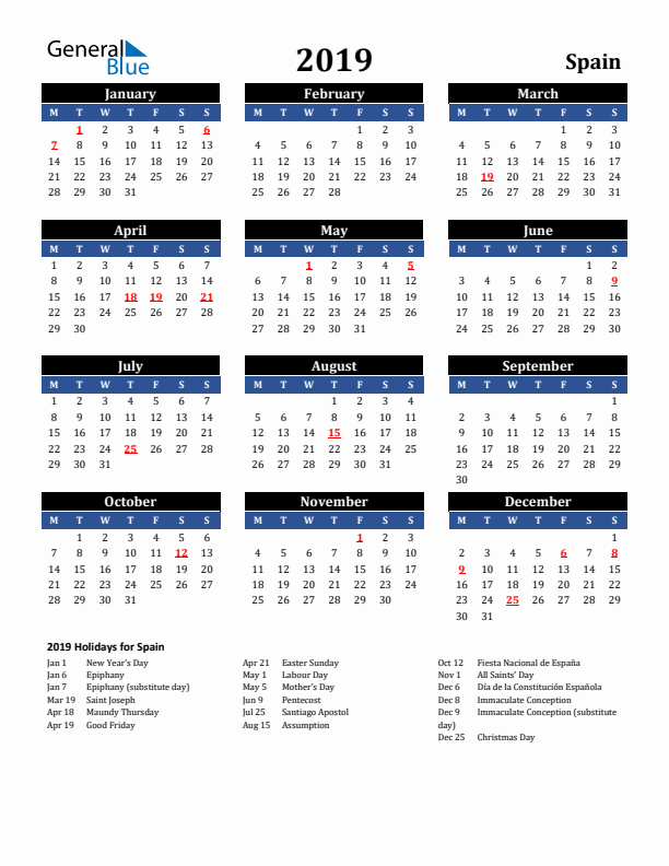 2019 Spain Holiday Calendar