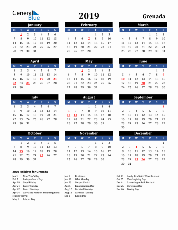2019 Grenada Holiday Calendar