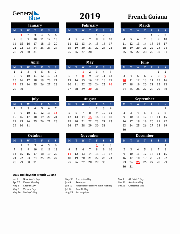 2019 French Guiana Holiday Calendar