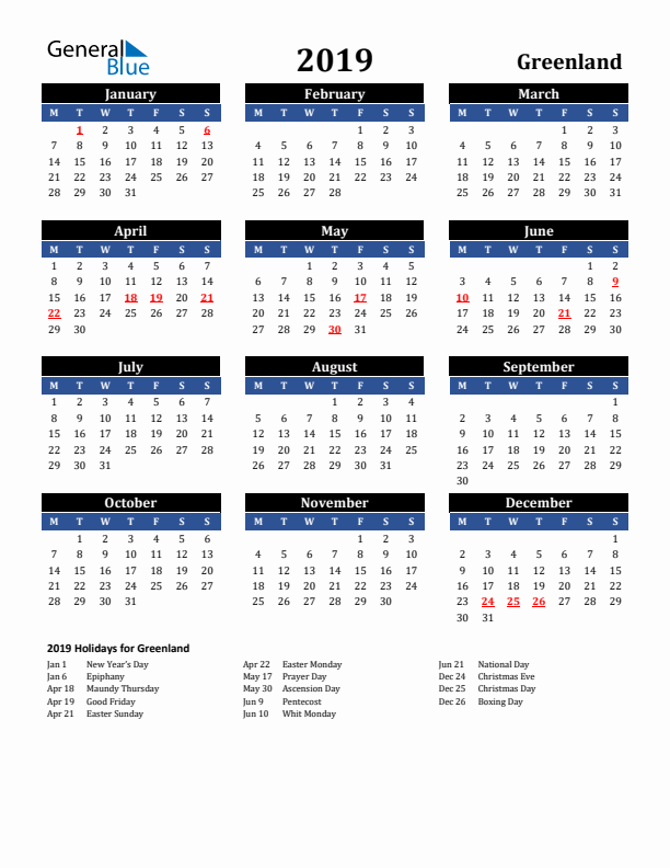 2019 Greenland Holiday Calendar