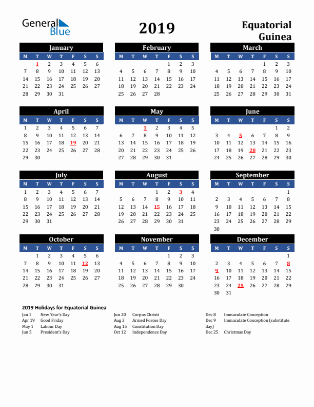 2019 Equatorial Guinea Holiday Calendar