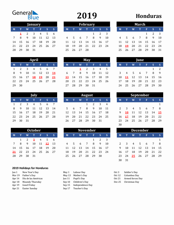 2019 Honduras Holiday Calendar