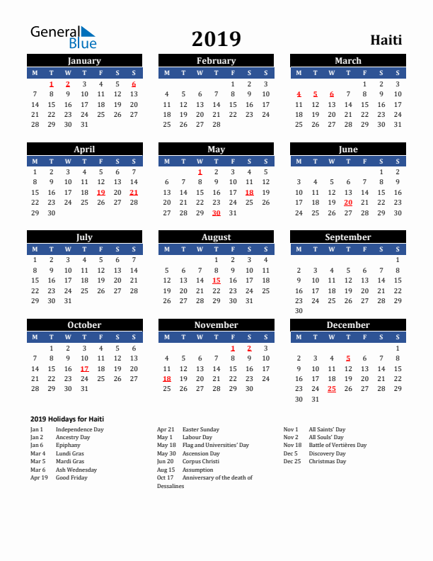 2019 Haiti Holiday Calendar
