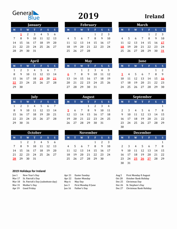 2019 Ireland Holiday Calendar
