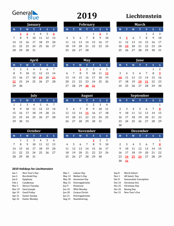 2019 Liechtenstein Holiday Calendar