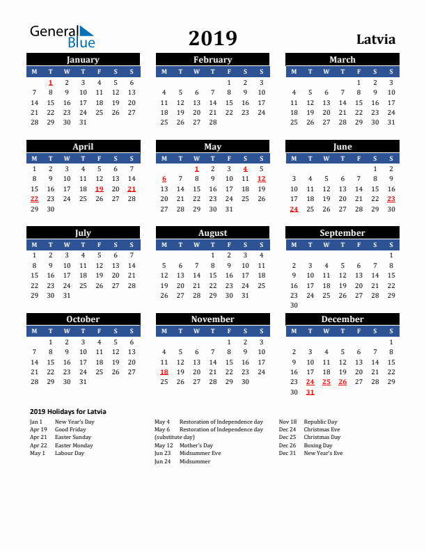 2019 Latvia Holiday Calendar