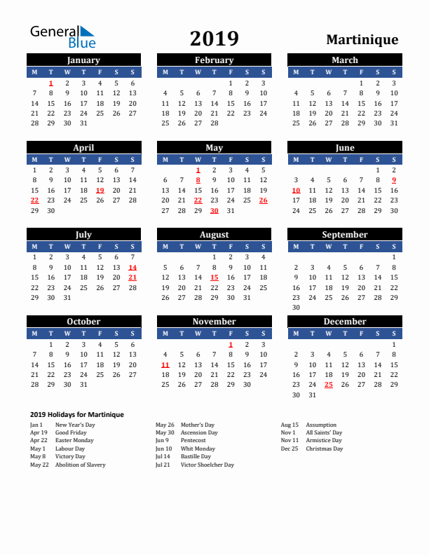 2019 Martinique Holiday Calendar