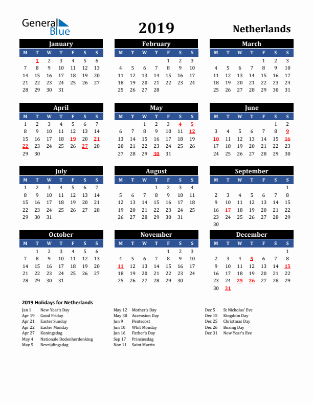 2019 The Netherlands Holiday Calendar