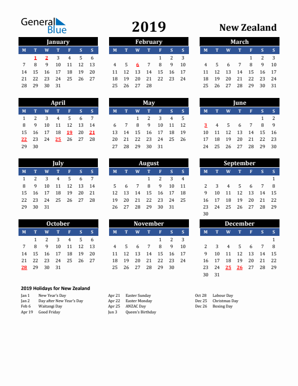 2019 New Zealand Holiday Calendar