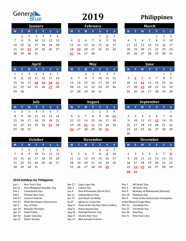 2019 Philippines Holiday Calendar