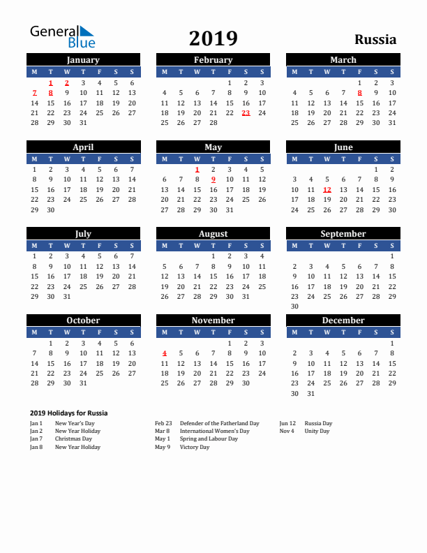 2019 Russia Holiday Calendar