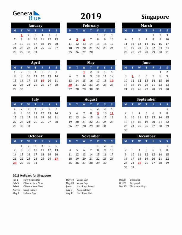 2019 Singapore Holiday Calendar