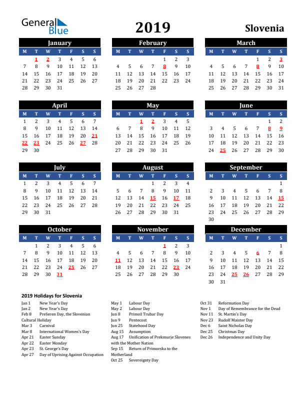 2019 Slovenia Holiday Calendar