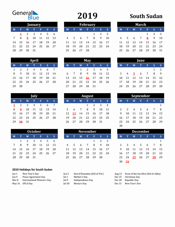2019 South Sudan Holiday Calendar