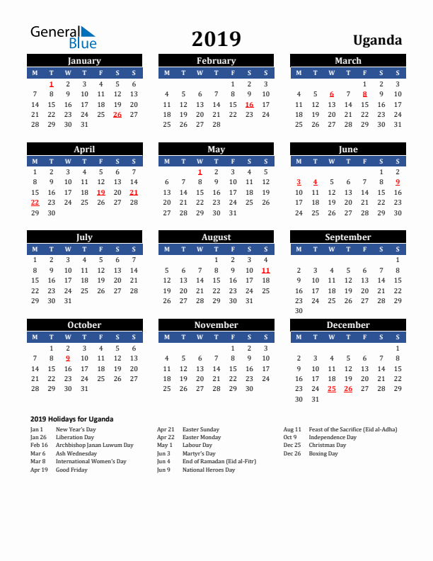 2019 Uganda Holiday Calendar