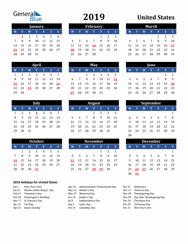 2019 United States Holiday Calendar