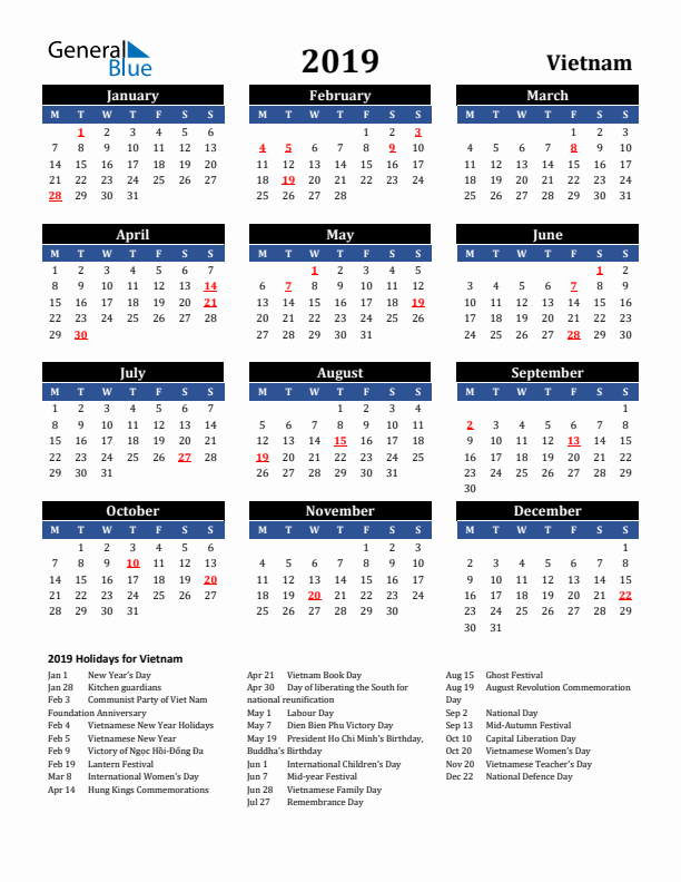 2019 Vietnam Holiday Calendar
