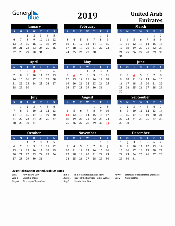 2019 United Arab Emirates Holiday Calendar