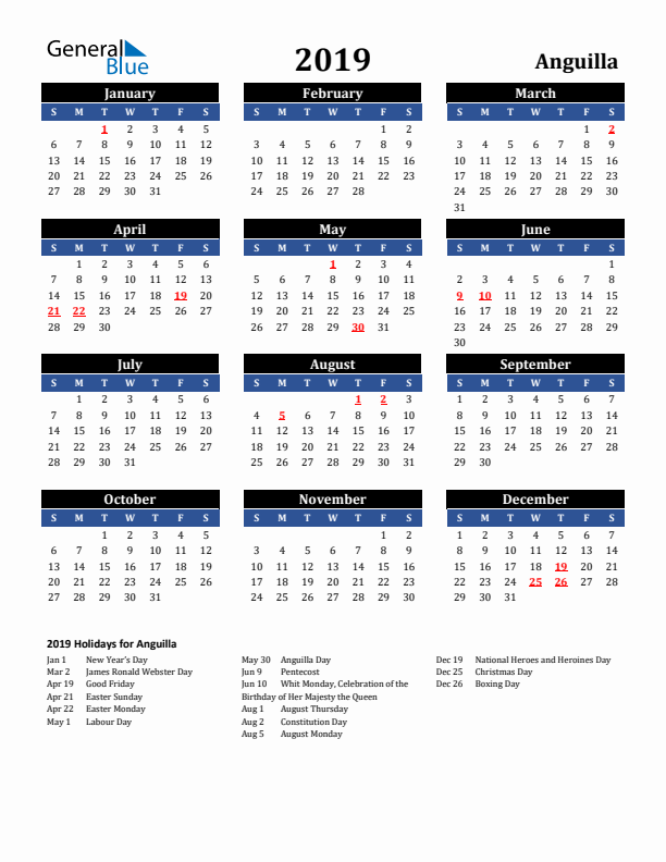 2019 Anguilla Holiday Calendar