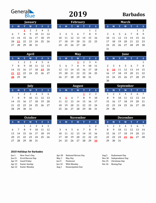 2019 Barbados Holiday Calendar