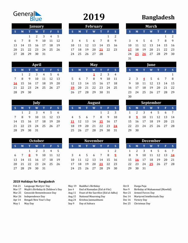 2019 Bangladesh Holiday Calendar