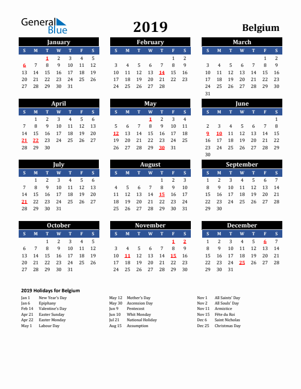 2019 Belgium Holiday Calendar
