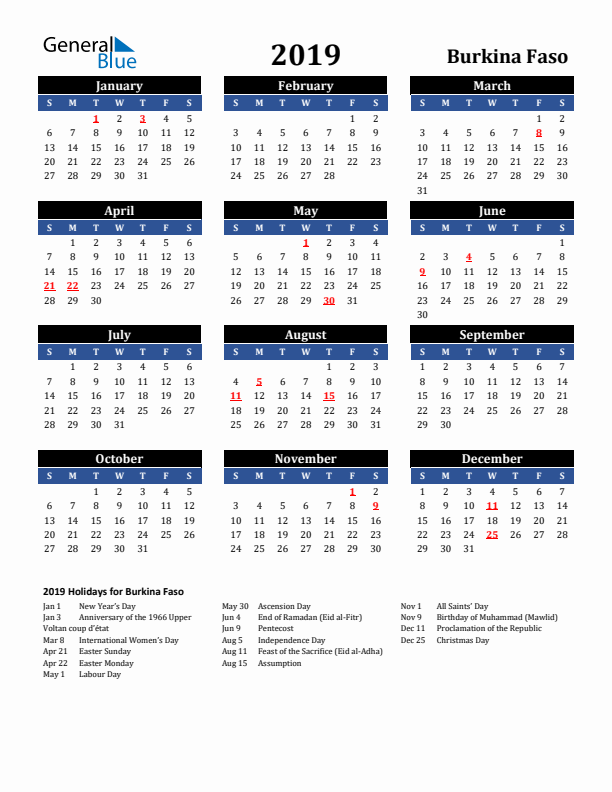 2019 Burkina Faso Holiday Calendar