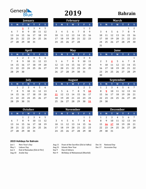 2019 Bahrain Holiday Calendar