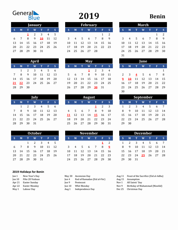 2019 Benin Holiday Calendar