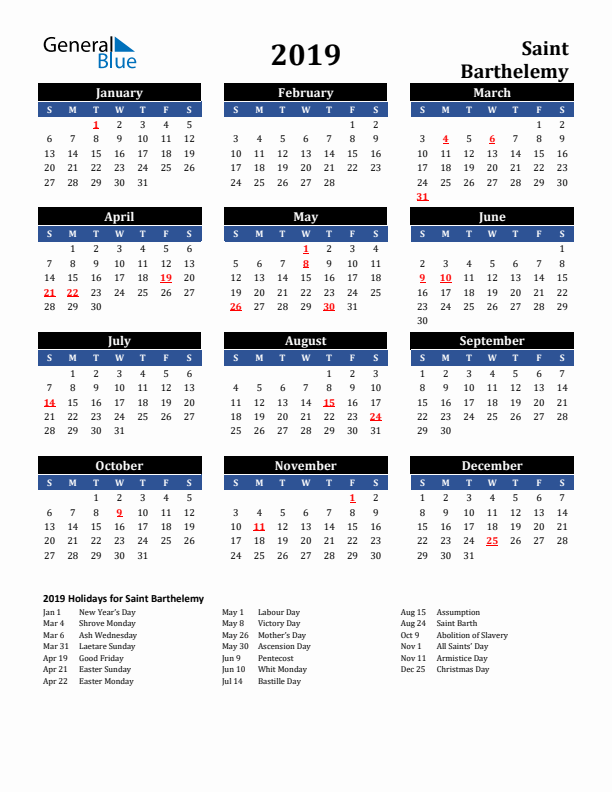 2019 Saint Barthelemy Holiday Calendar