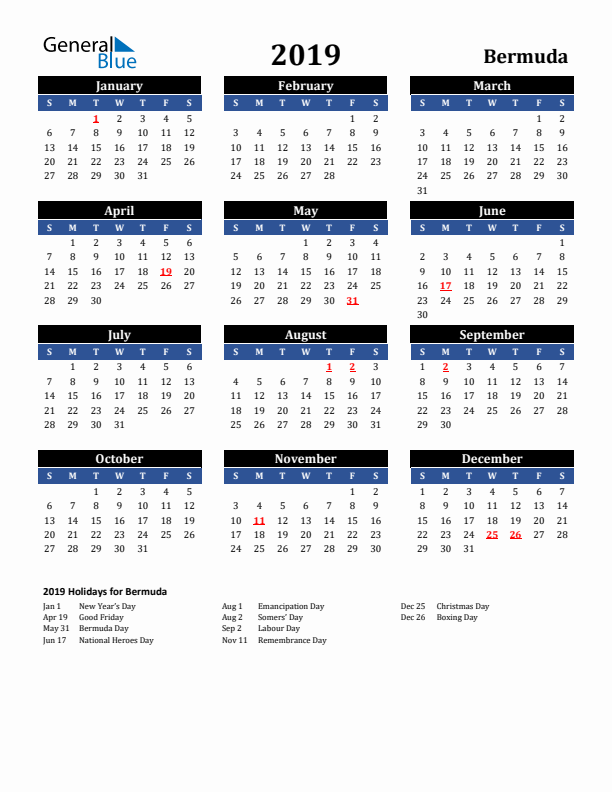 2019 Bermuda Holiday Calendar
