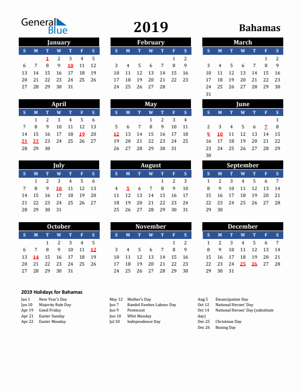 2019 Bahamas Holiday Calendar