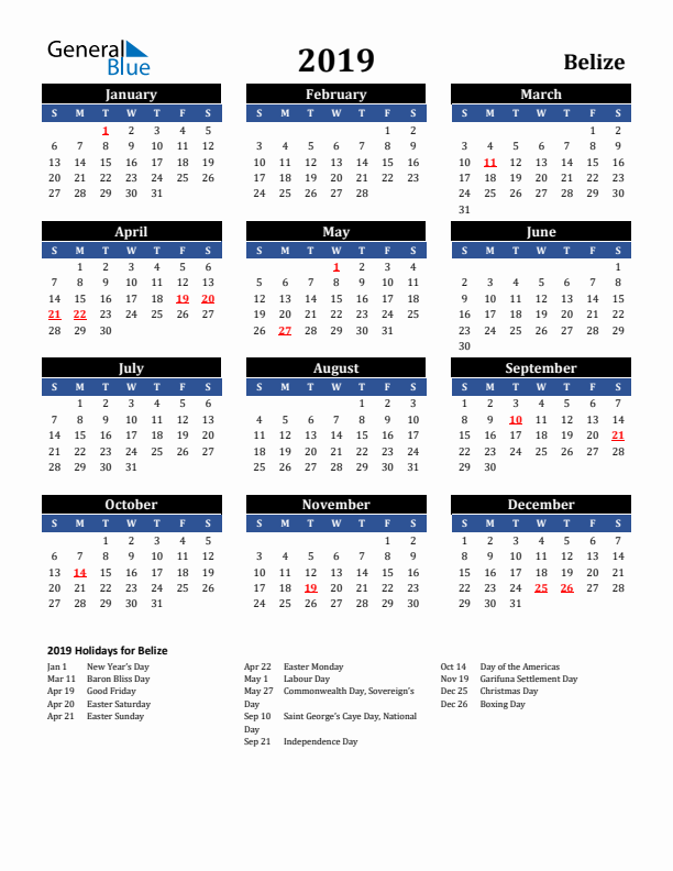 2019 Belize Holiday Calendar