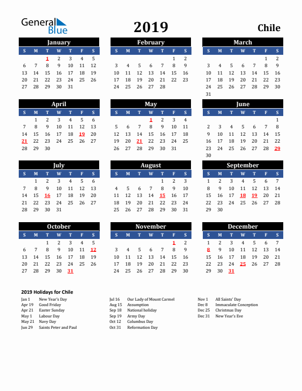 2019 Chile Holiday Calendar