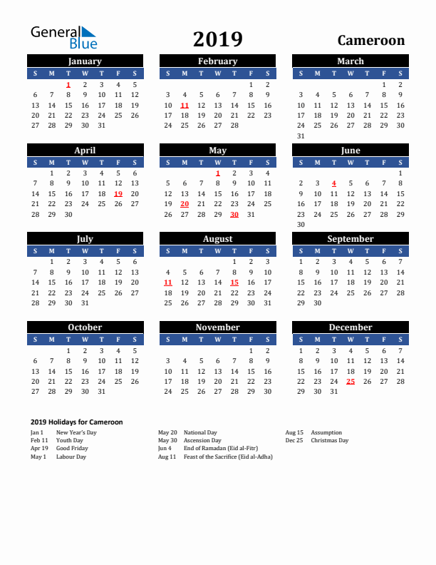 2019 Cameroon Holiday Calendar