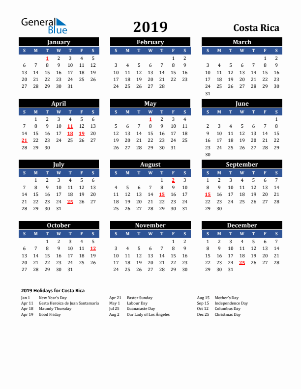 2019 Costa Rica Holiday Calendar