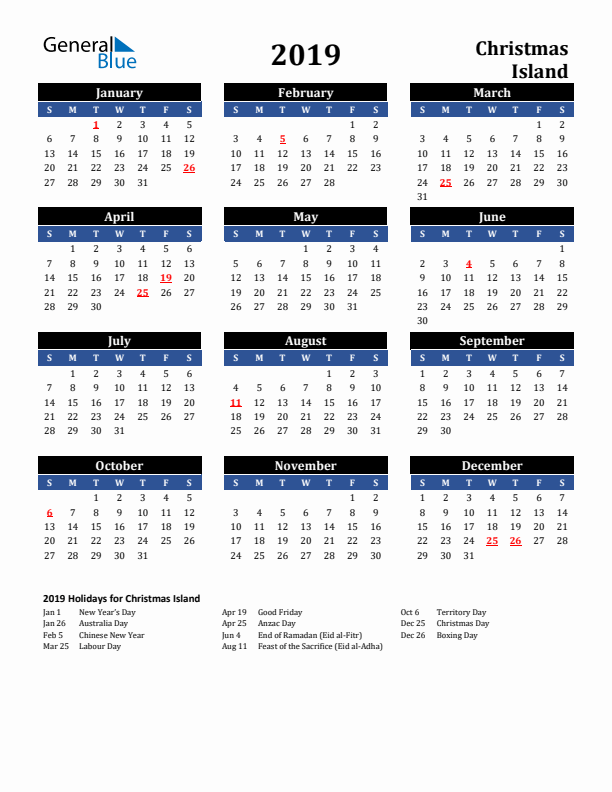 2019 Christmas Island Holiday Calendar