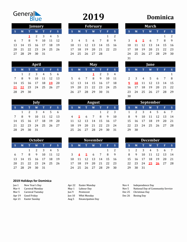 2019 Dominica Holiday Calendar