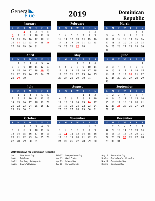2019 Dominican Republic Holiday Calendar